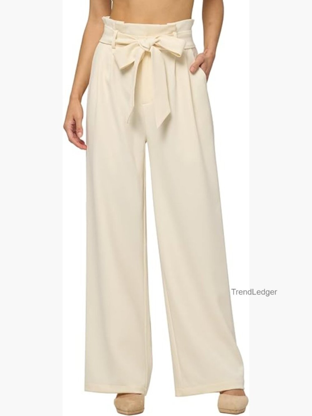 High Waisted Wide Leg Palazzo Trousers with Detachable Belt 32" Inseam